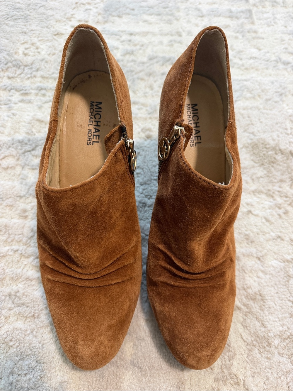 Michael Kors Tan Suede Slip-On Mules with Gold Logo Accent
